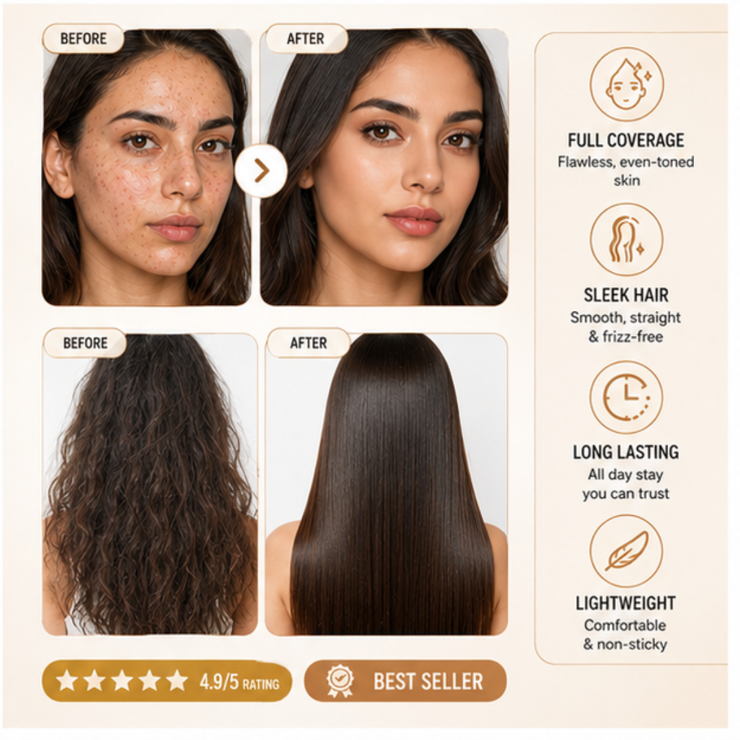 Flicka HD Foundation + Tgideas Hair Straightening Spray – Full Coverage Face & Sleek Hair Duo – Flawless, Long-Lasting Foundation with SPF + Frizz-Free, Heat Protectant Hair Spray