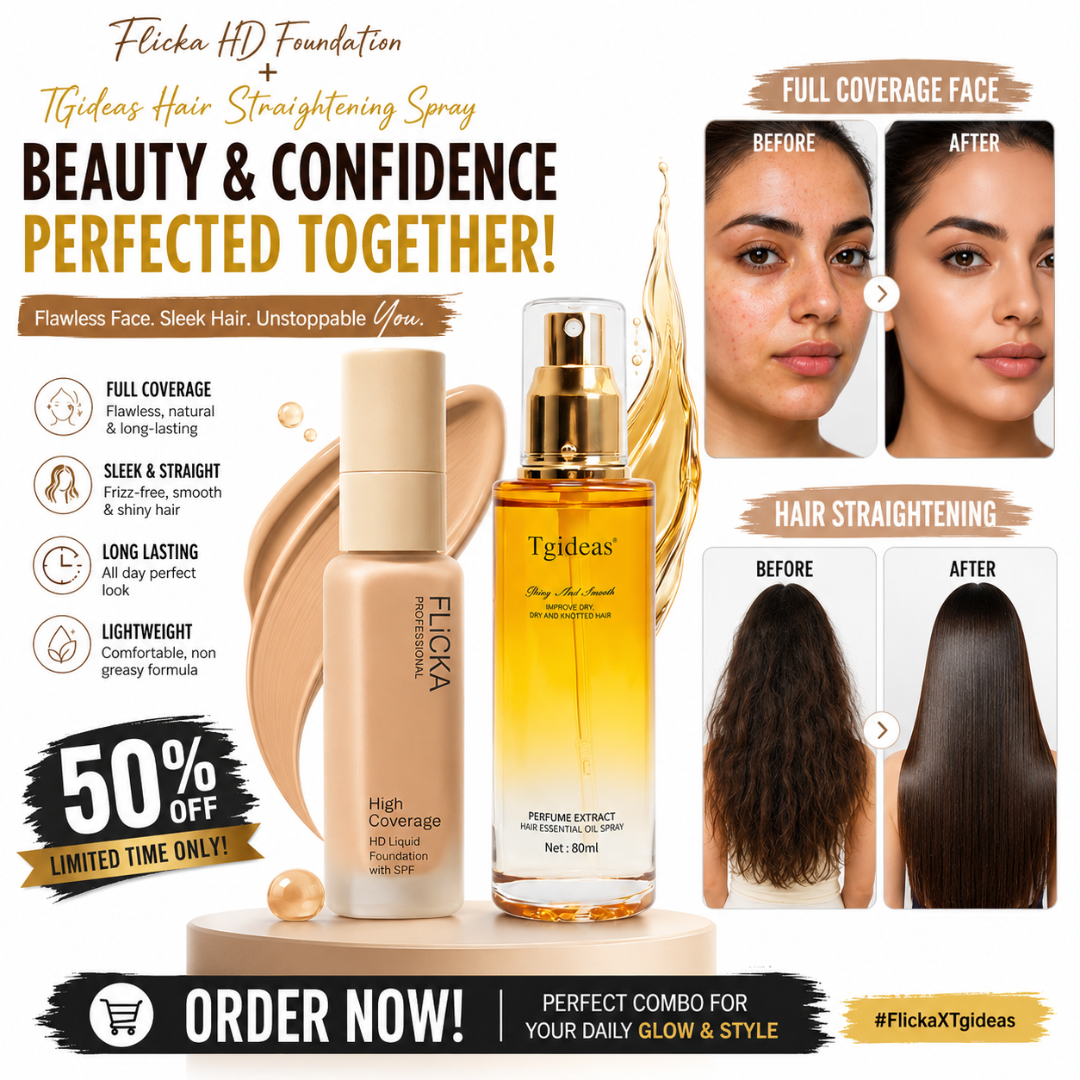 Flicka HD Foundation + Tgideas Hair Straightening Spray – Full Coverage Face & Sleek Hair Duo – Flawless, Long-Lasting Foundation with SPF + Frizz-Free, Heat Protectant Hair Spray