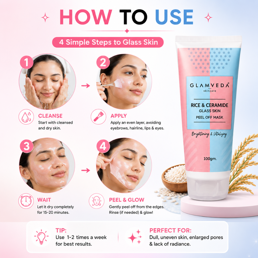 GLAMVEDA Rice & Ceramide Glass Skin Peel-Off Mask – Reveal Smooth, Radiant & Glass-Like Skin – Brightens Dull Skin, Strengthens Barrier, Deeply Hydrates & Nourishes