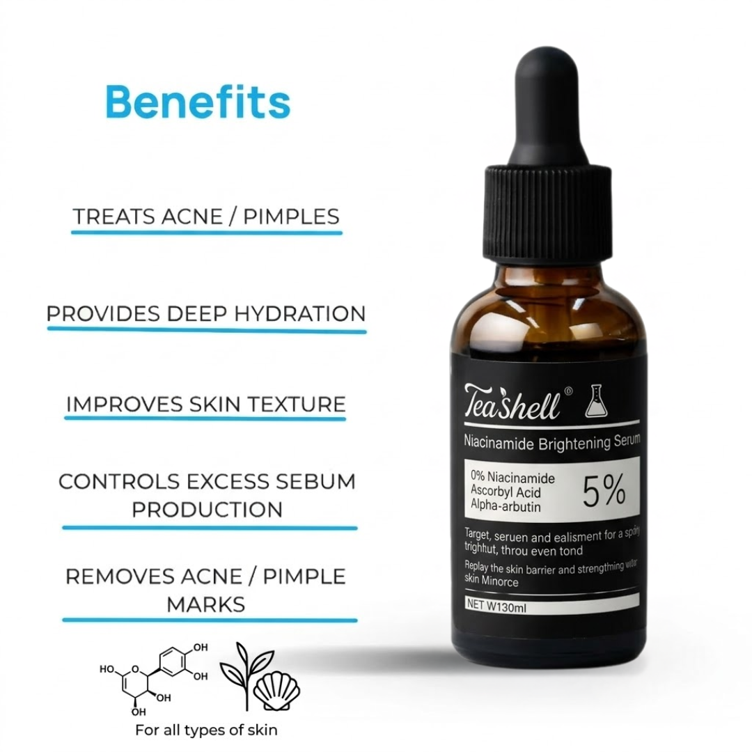 Teashell Niacinamide Brightening Serum | 5% Niacinamide + Alpha-Arbutin + Ascorbyl Acid | Fades Dark Spots, Evens Skin Tone & Boosts Glow